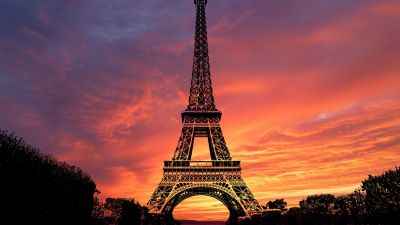 Eiffel Tower, Sunset, Evening sky, Paris, Silhouette, Twilight, Orange sky, France