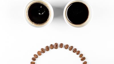 Sad day, Black Coffee, Coffee cups, Coffee beans, White background, Sad mood, Sad smiley, 5K