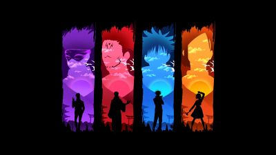 Jujutsu Kaisen, AMOLED, Nobara Kugisaki, Yuji Itadori, Satoru Gojo, Megumi Fushiguro, Manga series, Black background, Colorful art, Sukuna