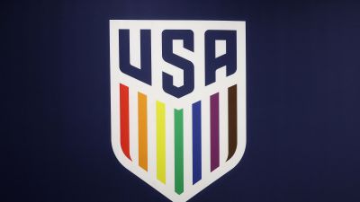 USMNT, United States men's national soccer team, USMNT logo, Purple background, USA