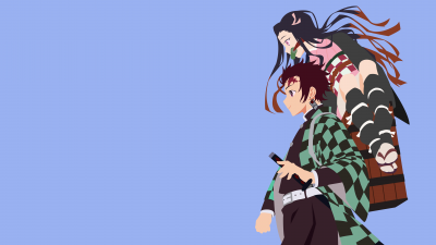 Demon Slayer: Kimetsu no Yaiba, Minimalist, Tanjiro Kamado, Nezuko Kamado, Blue background, 5K, Minimal art, Simple