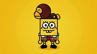 SpongeBob SquarePants, Monkey, Yellow background, Simple