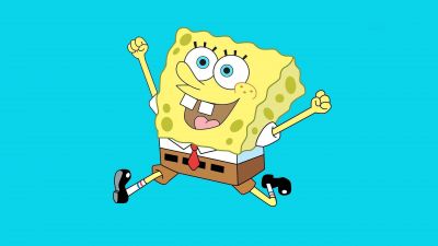 Happy SpongeBob, Cyan background, SpongeBob SquarePants, 5K