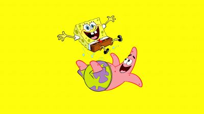 SpongeBob, Patrick Star, SpongeBob SquarePants, Yellow background, Cartoon, 5K