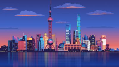 Shanghai City, Illustration, Shanghai Night, Cityscape, Panorama, Night City, Poster, 5K, Skyline