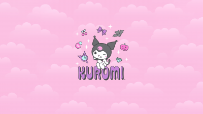 Kuromi, Cartoon, Hello Kitty, Pink background, Black jester hat, Pink skull, White rabbit, 5K, Girly backgrounds