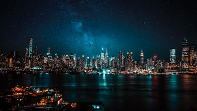 Night City, City lights, Reflections, Stars in sky, Cityscape, 5K