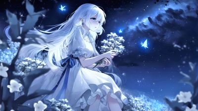 Anime girl, Milky Way, Dream girl, Blue background, Night, 5K