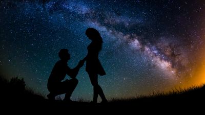 Couple, Lovers, Proposal, Silhouette, Starry sky, Romantic, Engagement