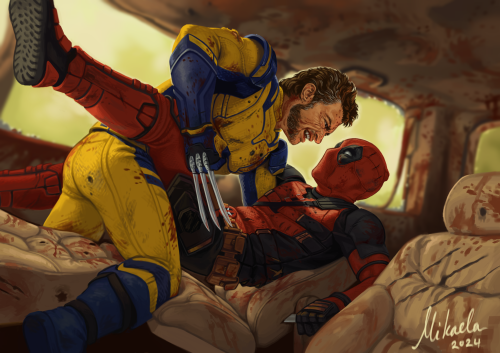 A realistic digital painting of Deadpool and Wolverine fighting in the Honda Odyssey. Wade is leaning back on a reclined middle seat, pulling out a blade stuck in the side of the seat, with his legs around Logan’s waist. Logan is leaning over him with a snarl and one arm pulled back with his claws out. Both their costumes and the interior of the car are covered in tears, bullet holes and bloodstains.