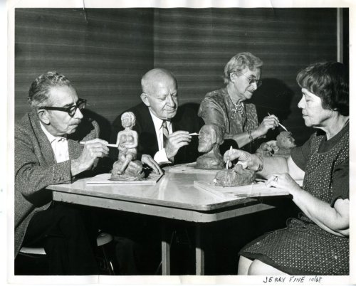 Partially identified thanks to Jewish Times reader Selma W!
The second gentleman from the left is Robert Cohen, a local artist. Do you know the names of the others in this photo by Jerry Fine of a senior sculpting class at the JCC, 1968?
JMM...