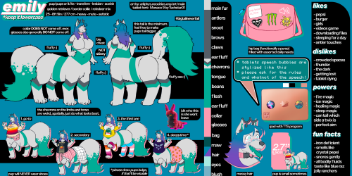 refsheet of my fursona, a chubby grey dog taur with darker grey and teal stripes on the tummy and limbs. the refsheet is very information dense and i currently do not possess the spoons to type it all out but god willing i will describe it for you if you need