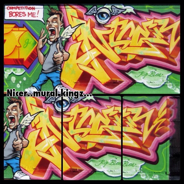 Street art….
They call in now….
We call it good old fashion “Graffiti” NYC STYLE….
Artist ; “nicer”
Mural kingz..
Aerosol MAGIC …
35 plus years and still stylein
Www.krylon...