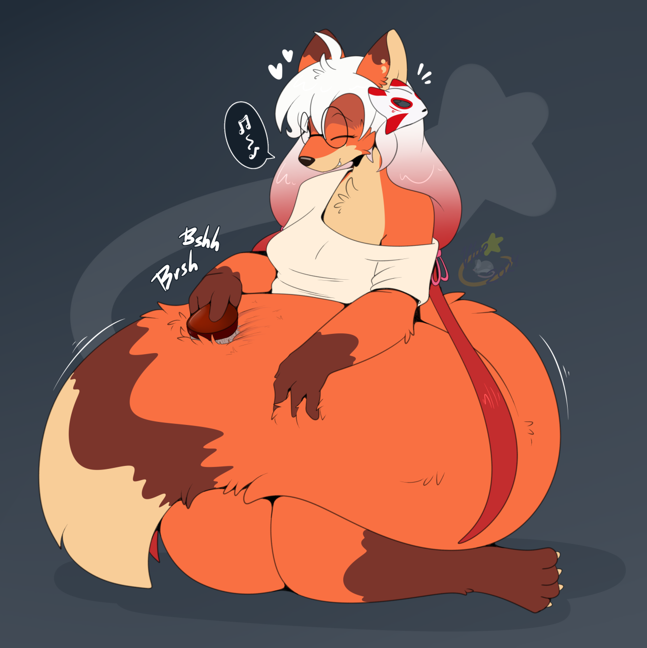 artwork of a female fox kneeling on the ground with her big fluffy tail in her lap. she is holding her tail in one paw and brushing it with a hairbrush with the other paw. she is wearing a cream off the shoulder tshirt. she has her eyes closed and looks pleased while she hums.