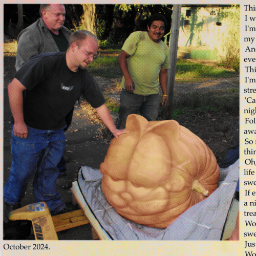 What appears to be a badly scanned newspaper clipping, showing a colour photo of three men standing around a giant pumpkin that looks like Garfield’s head. One man is gently resting his hand on it. The caption below the photo reads “October 2024.” The edge of the column next to the photo is visible and can be made out to be lyrics from “This Is The Night” from the Garfield Halloween special.