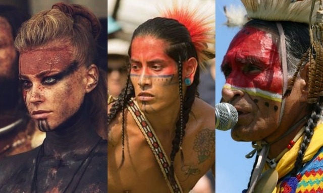 Image ID: 3 photos stacked together vertically. The first is of a White woman, a character from the TV show Barbarians. She is wearing warpaint, with a dark streak all along her forehead and ending at her eyebrows, with black lines extending from her eyeliner across to her ears, 3 black lines going down her chin, and the rest of her chest completely covered in black. The other two images to the right feature 2 different Native men, one younger and one elderly, in traditional pow wow regalia. They both also have ted across their foreheads. The younger man in the middle ohoto has a black line just under the red paint going across his nose and cheeks, with dots underlining the line, and 3 black lines on his chin extending outward from a shared point starting from the center of his lip. The more elderly man in the 3rd photo has yellow and white lines underlining the red face paint, and black dots undernearth those. End ID.