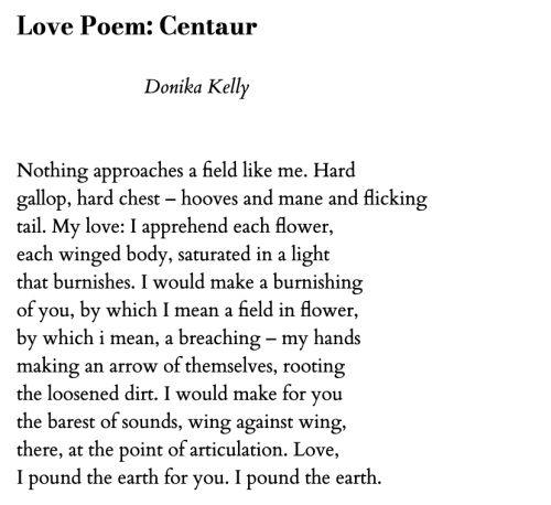 Love Poem: Centaur  Donika Kelly  Nothing approaches a field like me. Hard gallop, hard chest – hooves and mane and flicking tail. My love: I apprehend each flower, each winged body, saturated in a light that burnishes. I would make a burnishing  of you, by which I mean a field in flower, by which i mean, a breaching – my hands making an arrow of themselves, rooting the loosened dirt. I would make for you the barest of sounds, wing against wing, there, at the point of articulation. Love,  I pound the earth for you. I pound the earth.