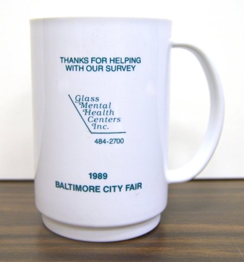 #FridayFeature of new accessions to the JMM collections: Plastic mug – sample of a prize given out to participants in a mental health survey at the 1989 Baltimore City Fair by Glass Mental Health Centers. Gift of Saralynn and Dr. Sheldon Glass, JMM...