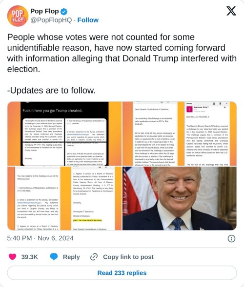 People whose votes were not counted for some unidentifiable reason, have now started coming forward with information alleging that Donald Trump interfered with election.   -Updates are to follow. pic.twitter.com/1BNrEivmHG  — Pop Flop (@PopFlopHQ) November 6, 2024