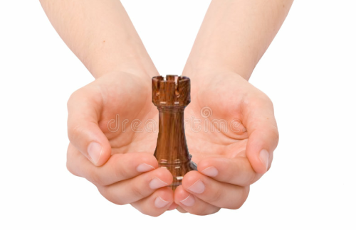 a pair of outstretched hands, offering a chess rook.