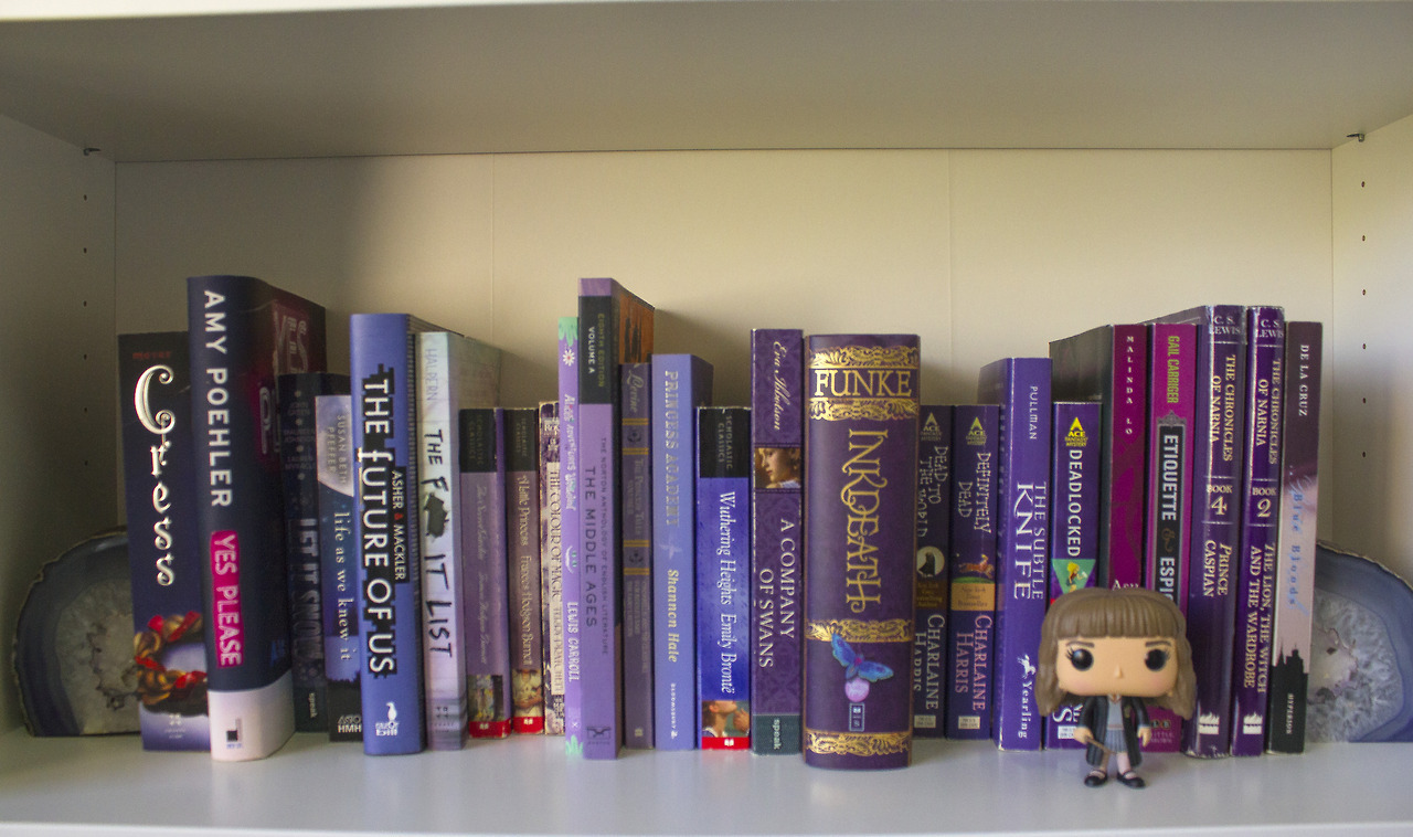 aimeereadsalot:
“@addictedtobookss and Anonymous both requested purple for the color meme, so here you go! Sorry its a little blurry but this one is one of my favorite shelves for sure :)
”