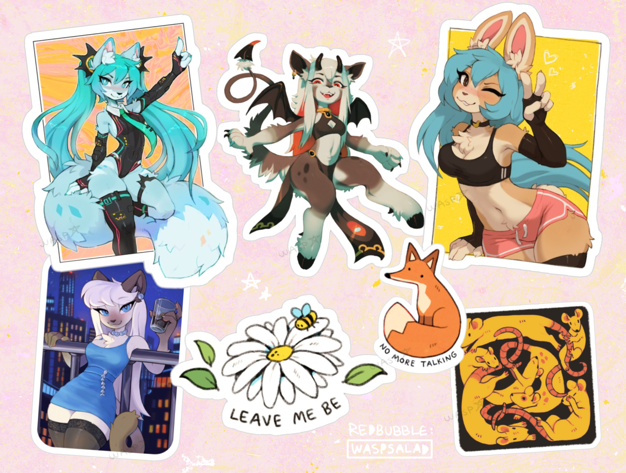 New stickers and stuff!I added some new designs to my Redbubble, available as stickers and tees and whatnot :3 You can find them here: https://www.redbubble.com/people/waspsalad/shop?asc=u&sortOrder=recent