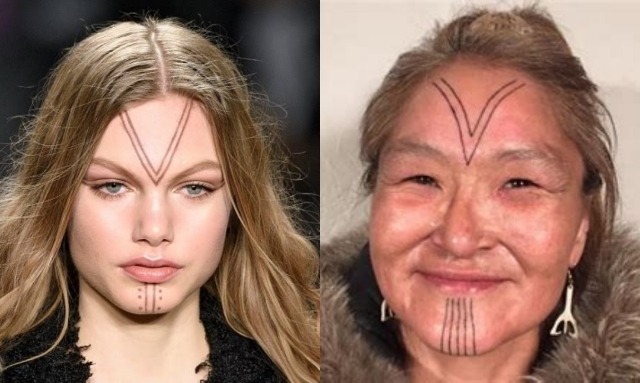 Image ID: two photos stacked next to each other horizontally. The first on the left is of a White model on the runway with false tattoos, her forehead has two triangles entending in a downward, "V", while her chin has two vertical lines with 3 dots on opposite sides. The second on the right is of an Inuk woman with traditional tattoos, with the same "V" shaped tattoo on her forehead but more curved inward, and her chin has 5 lines running down it. The tattoos in the two photos are remarkably similar.