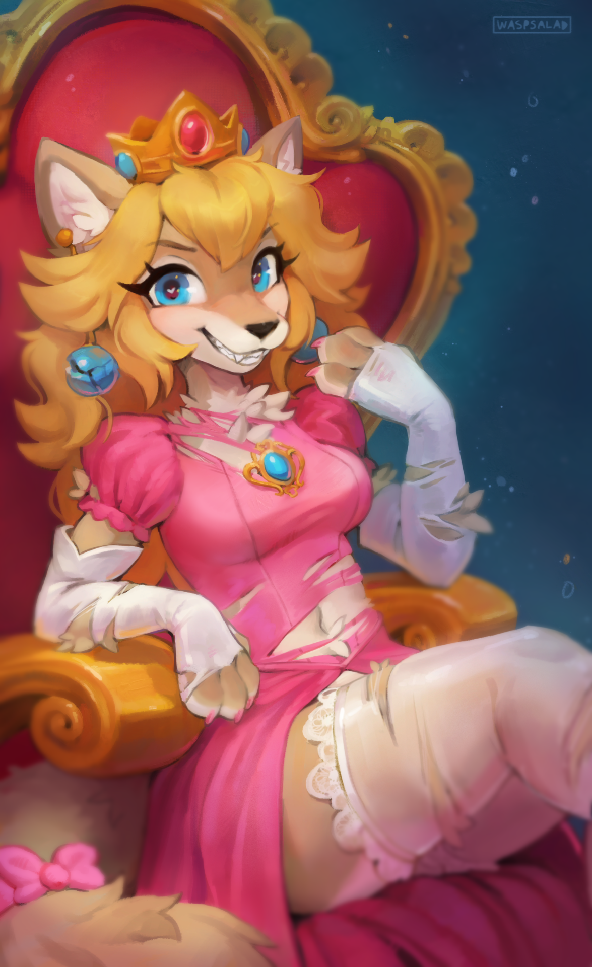 (Were)wolf Peach!Princess Peach got furrified >:3 Her species was voted in one of my streams and I worked on her for quite a few streams. I’m not completely happy with how she turned out, face is a lil wonky and such, but at least I got some painting...