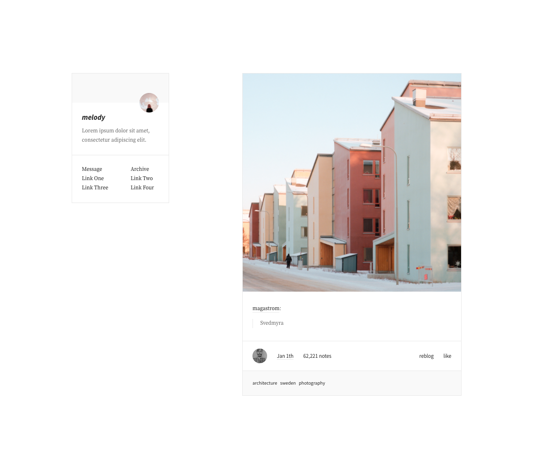 nemurou:
“ Melody (Preview, Terms of Use, Code)
A simple one column theme. When you hover over single photos, additional post info (inspired by the tags on instagram photos) will be displayed.
Features:
• 18 color options
• custom post width
• custom...