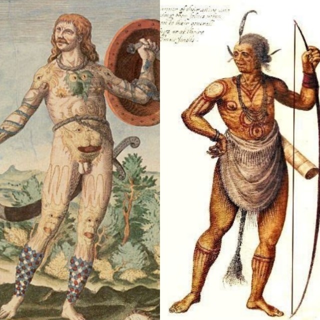 two photos stacked next to each other vertically, they are both in very similar poses and are historical illustrations. The first features a celtic man with red hair and various tattoos. The second on the right is of a Powhatan man with a bow in his hand, with red tattoos on his body. While not exactly the same, the biggest similarity is on the Celtic man's legs, which resemble algonquian tattoos, like on the Powhatan man's legs and arm, with curved lines going up and down.