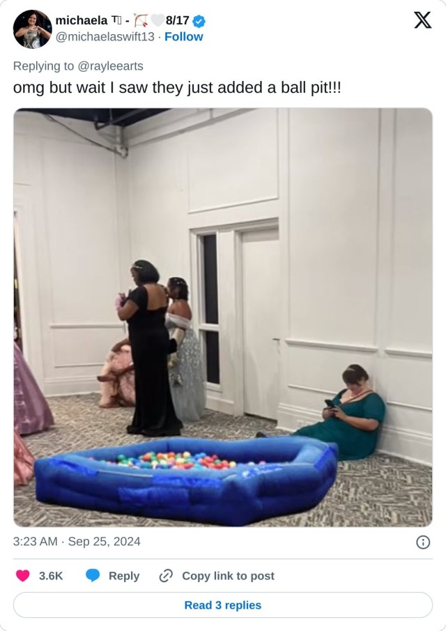 omg but wait I saw they just added a ball pit!!! pic.twitter.com/olhJO9QQek  — michaela ⸆⸉ - 🏹🤍8/17 (@michaelaswift13) September 25, 2024