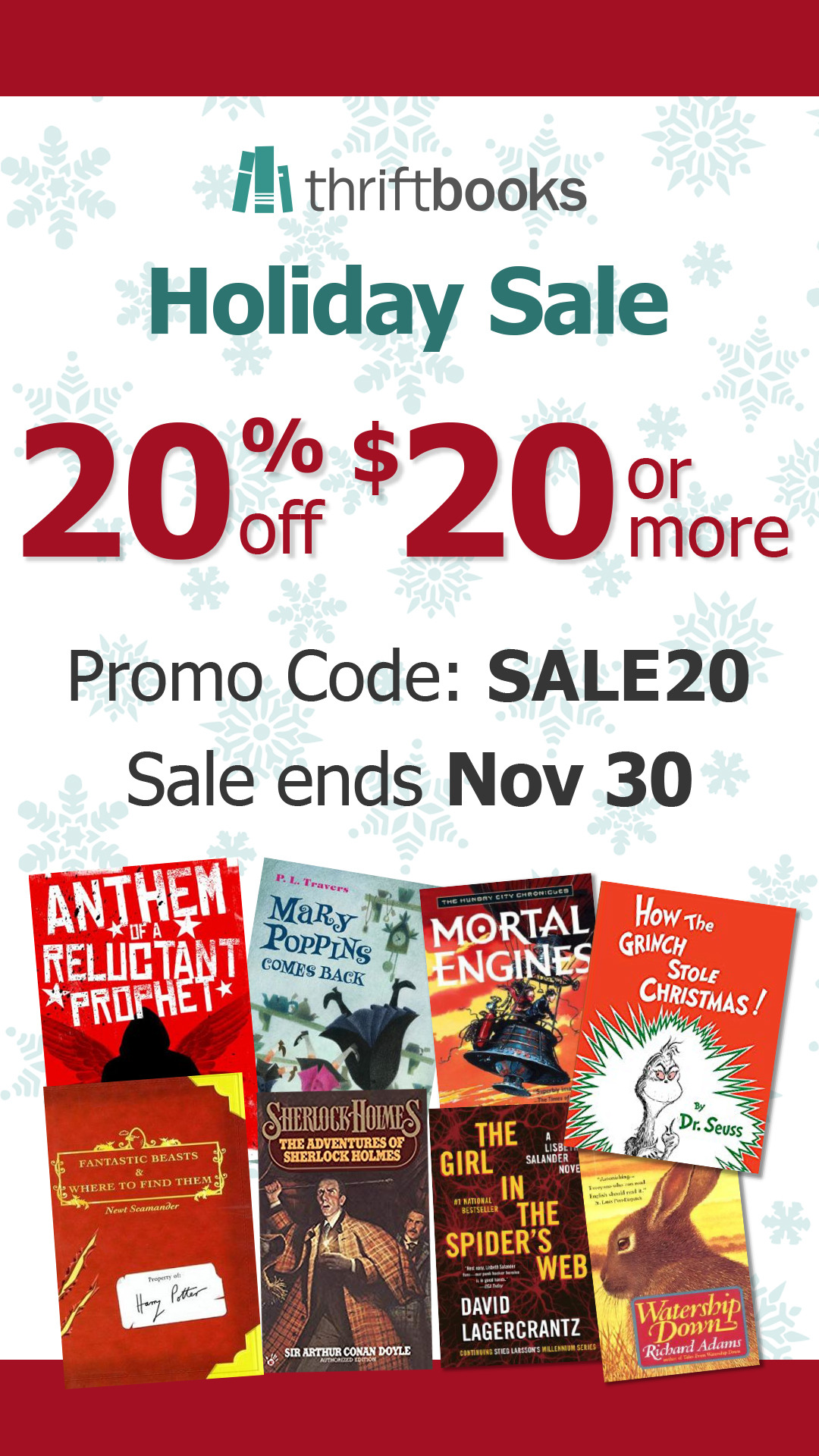 ATTENTION: BOOKS ON SALE!!
Kick off the holidays early with ThriftBooks! Get 20% off any order of used books or used DVDs that is $20 or more. Use code SALE20 to redeem, the offer runs through November 30. Shop these titles and more right on...