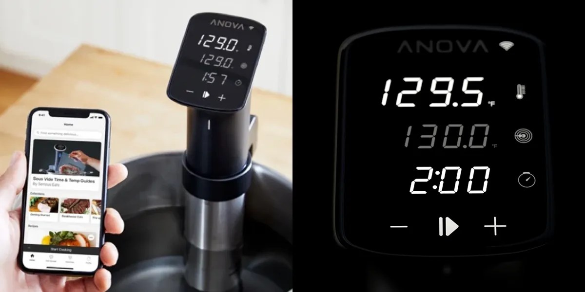 Anova sous vide cooker shown with companion app