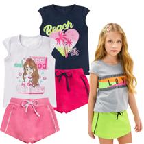 Kit 2 Conjuntos Verão Infantil Juvenil Feminino Blusinha Neon e Shorts Saia em Moletinho Roupa Menina Tamanhos 04-16 - Lumari Kids