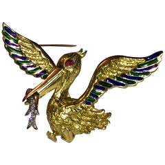 18 Karat Gold Pelican Enamel Pin with Ruby Eye and Pave Diamond Fish