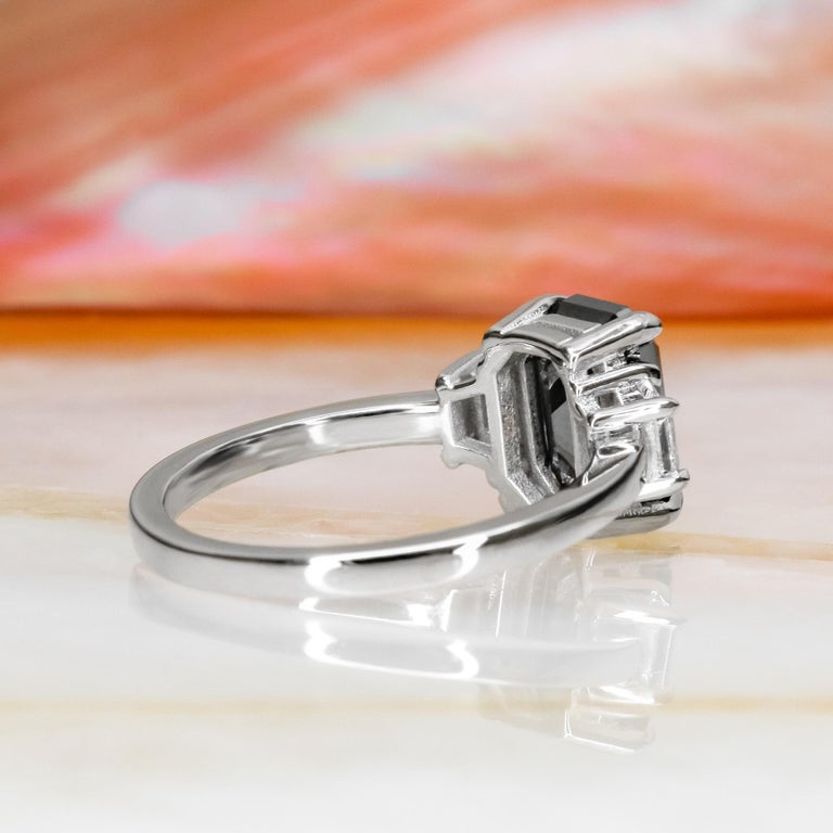 2.30 Carats Black Emerald Cut and White Trapezoids Engagement Ring in