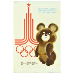 Poster originale d'epoca delle Olimpiadi estive di Mosca del 1980 Sei il benvenuto Orso Misha