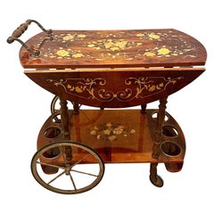 Vintage Italian Floral Inlay Rolling Bar Tea Cart, Drop Leaf Sides