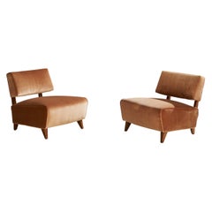 Paul Laszlo Attribution, Slipper Chairs, Oak, Velvet, USA, 1940s