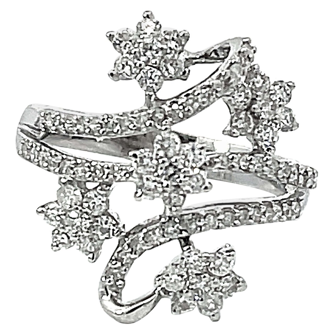 Diamond Row and Diamond Flower Wide Ring in 14k White Gold