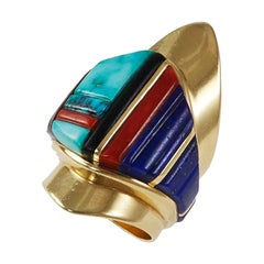 Charles Loloma Lapis Turquoise Coral Gold Shield Ring circa 1970