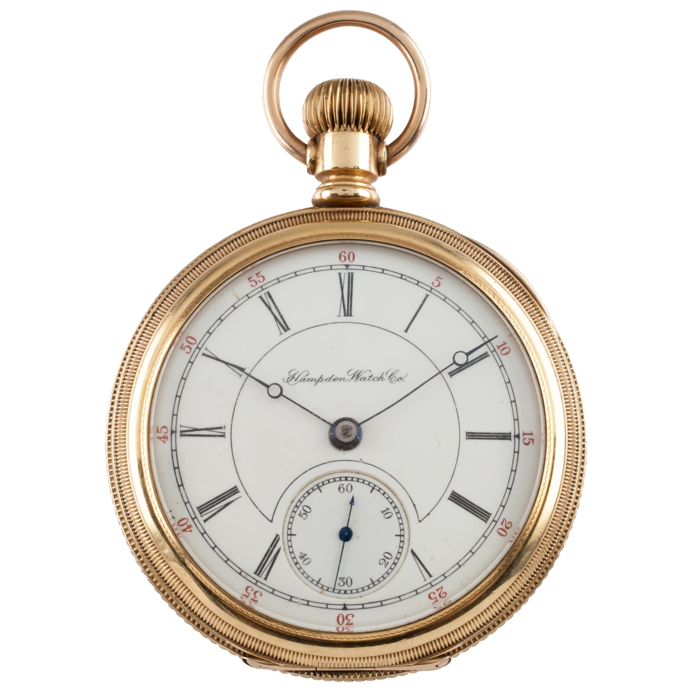 Hampden Dueber 14 Karat Yellow Gold Antique Open Face Pocket Watch 17 Jewel