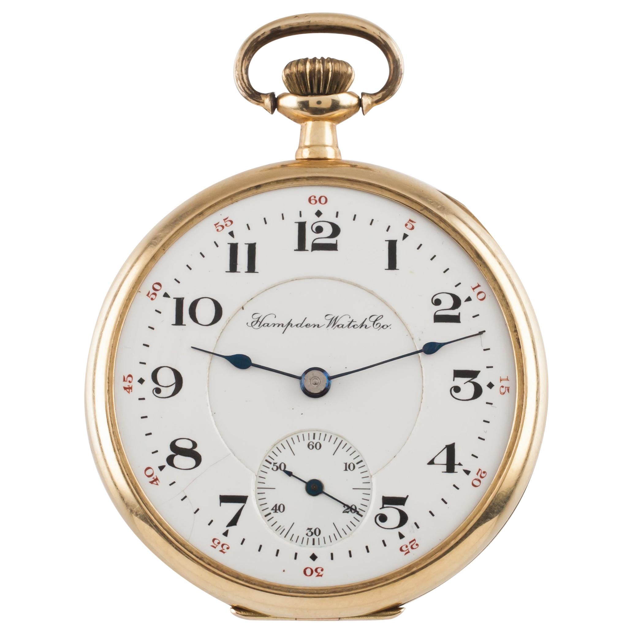 Hampden Open Face 14 Karat Gold Antique Pocket Watch Grade 314 12S 21-Jewel