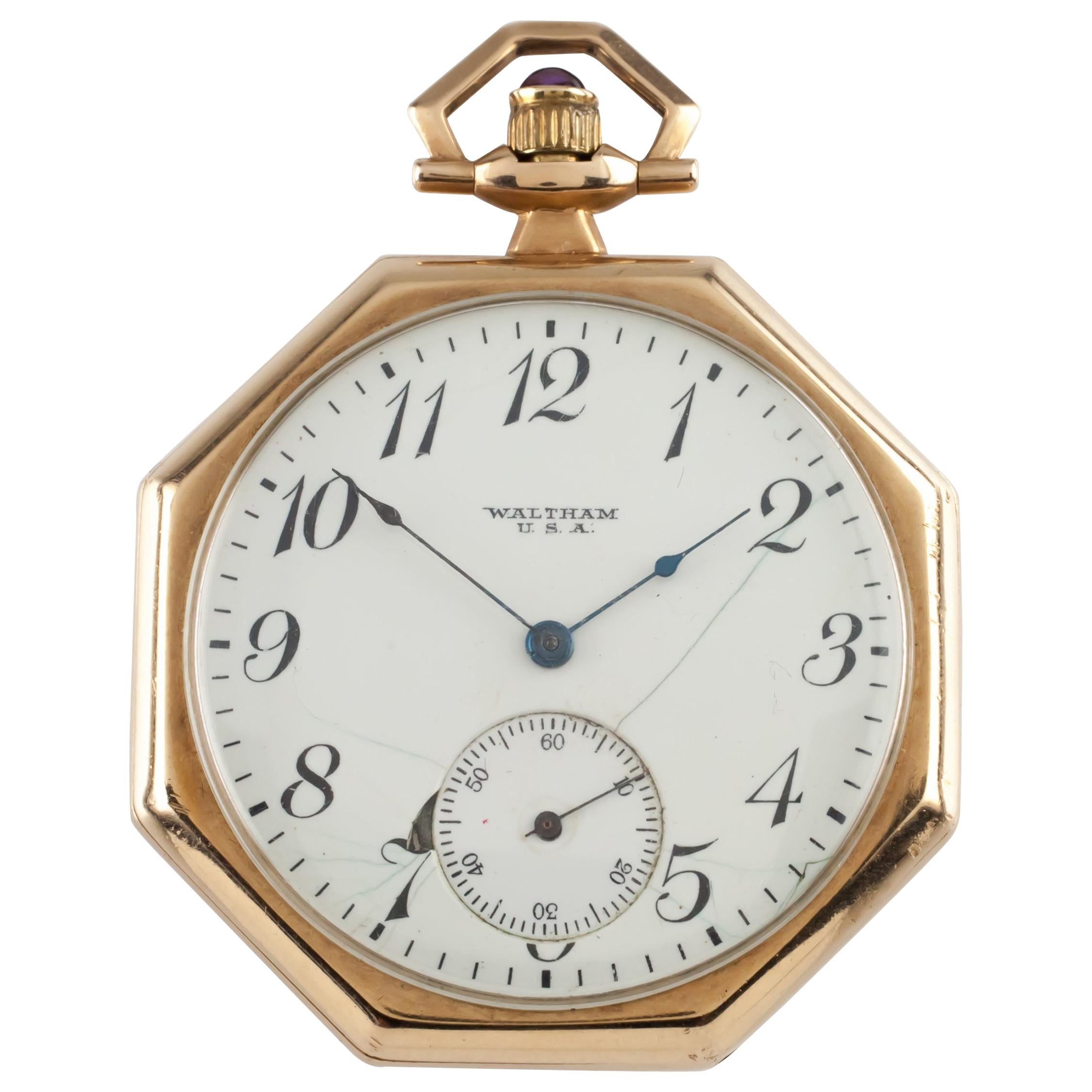 Waltham Octagon Antique 14 Karat Open Face Pocket Watch Gr 225 17 Jewel