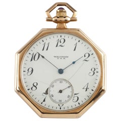 Waltham Octagon Antique 14 Karat Open Face Pocket Watch Gr 225 17 Jewel