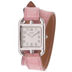 Hermes Stainless Steel Cape Cod Pink Alligator Double Tour Band Quartz Watch