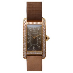 Cartier Tank Américaine 18k Yellow Gold Brown Satin Strap Brown Diamonds Unworn