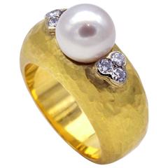 Diamond and Pearl Hammered Gold Cocktail Ring