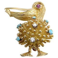 Precious Gemstone Yellow Gold Pelican Brooch