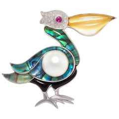 Pelican Brooch Pin Diamonds and South Sea Pearl Design by Ella Gafter